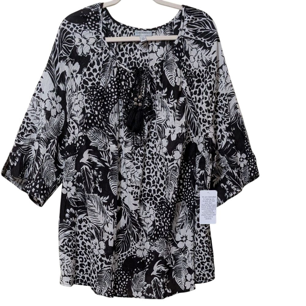 NWT Catherines black white cotton floral tropical top tassel 3/4 sleeve plus 1X - Picture 11 of 11